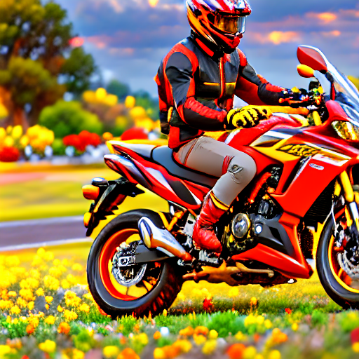 048_yellow and red motorcycle with a man riding on it next to grass.png